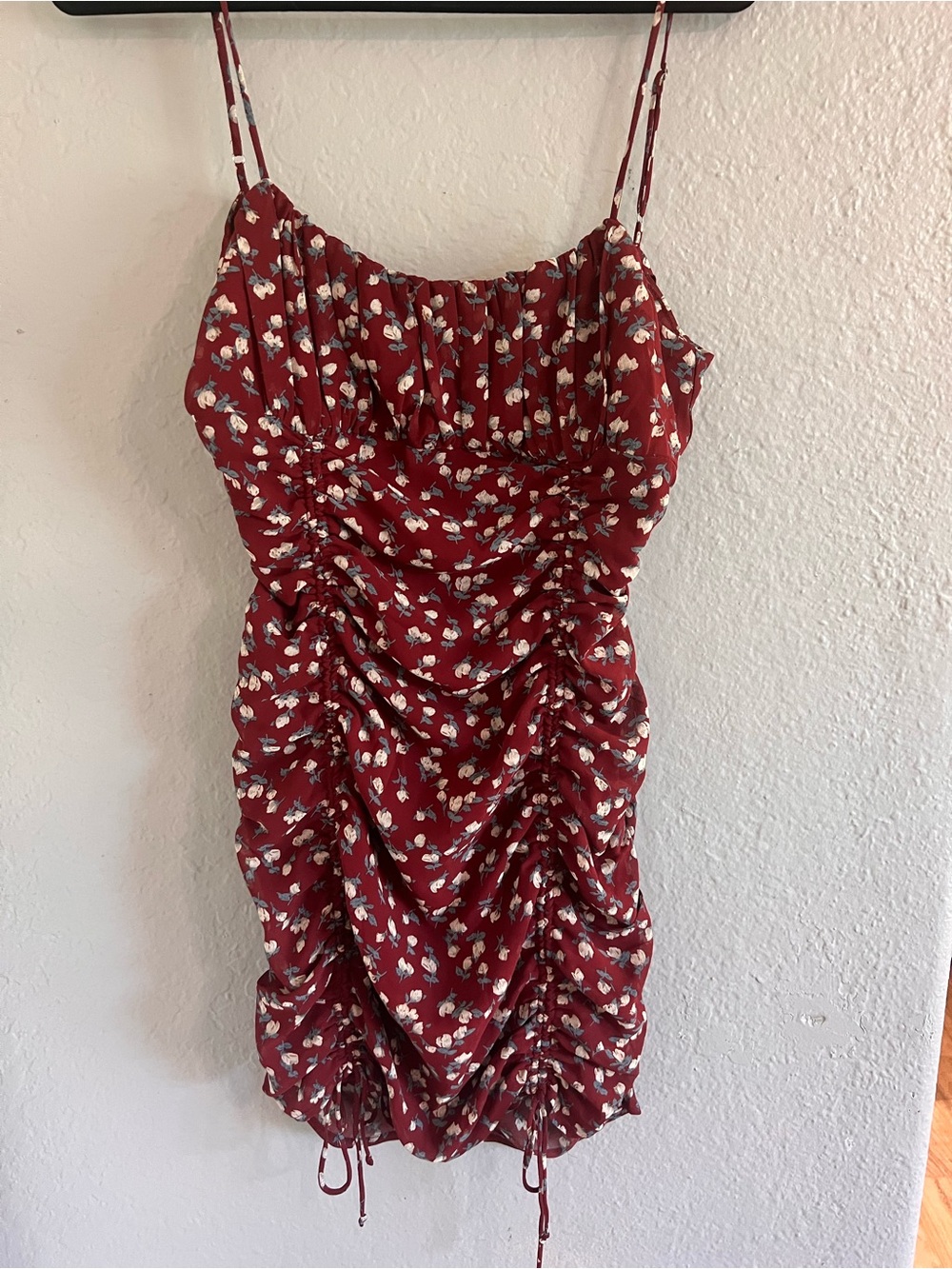 Cotton Candy Burgundy Floral Ruched Spaghetti-Strap Mini Dress - Picture 4 of 6